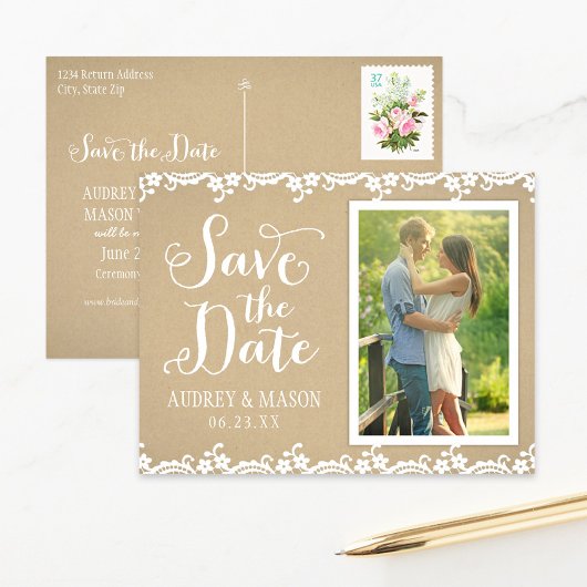 Rustic Kraft and Lace Wedding Photo Save the Date Aankondigingskaart