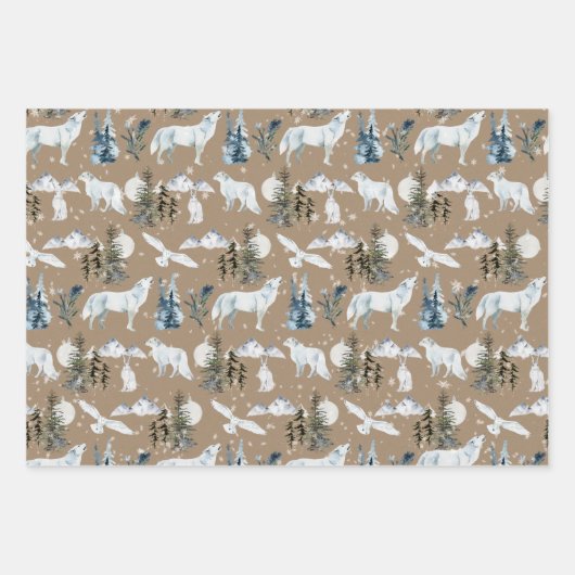 Rustic Kraft Arctic Hare Wolf Fox Snowy Owl Inpakpapier Vel (Voorkant)
