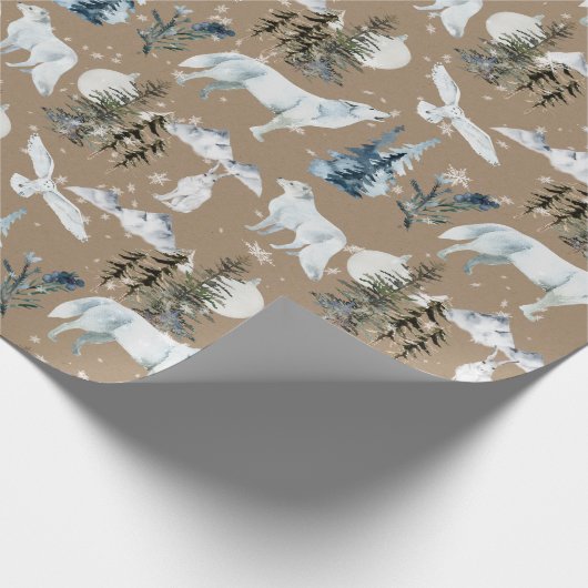 Rustic Kraft Arctic Hare Wolf Fox Snowy Owl Wrappi Cadeaupapier (Hoek)