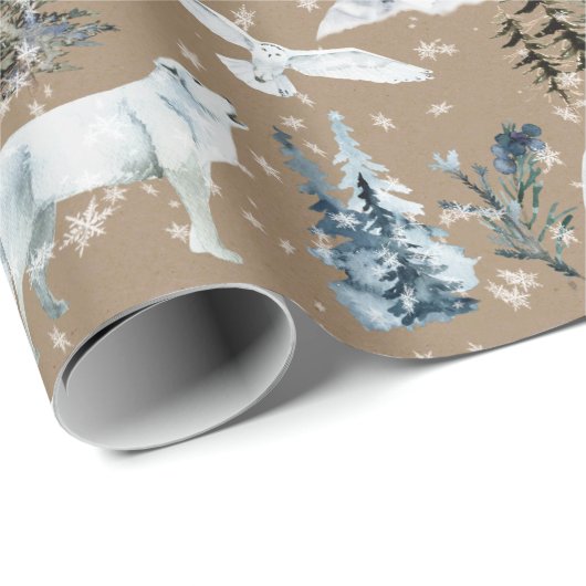 Rustic Kraft Arctic Hare Wolf Fox Snowy Owl Wrappi Cadeaupapier (Rol Hoek)