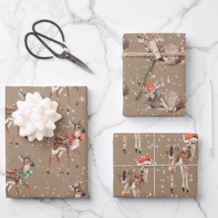 Rustic Kraft Baby Deers gekleed voor Feestdagen Inpakpapier Vel