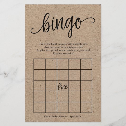 Rustic Kraft Baby shower Bingo, Paper Game Kaart (Voorkant)