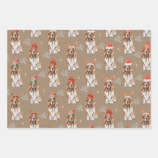 Rustic Kraft Bassett Hounds geperst voor Kerstmis Inpakpapier Vel (Voorkant 3)
