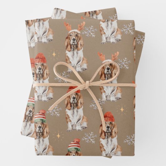 Rustic Kraft Bassett Hounds geperst voor Kerstmis Inpakpapier Vel (In situ)