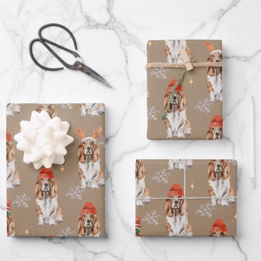 Rustic Kraft Bassett Hounds geperst voor Kerstmis Inpakpapier Vel (Voorkant)