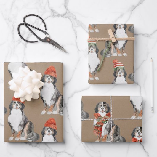 Rustic Kraft Bernese Dogs gekleed voor Kerstmis Inpakpapier Vel (Voorkant)