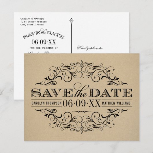 Rustic Kraft Black Flourish  Save the Date Aankondigingskaart (Voorkant / Achterkant)