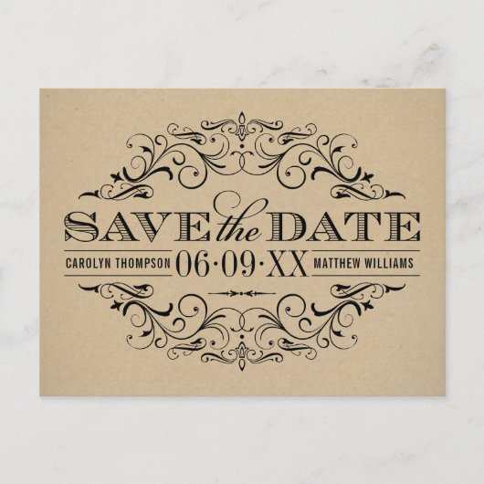 Rustic Kraft Black Flourish  Save the Date Aankondigingskaart (Voorkant)