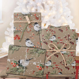 Rustic Kraft Black Pet Chickadee Birds & Berries 2 Inpakpapier Vel