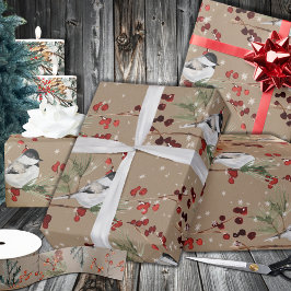 Rustic Kraft Black Pet Chickadee Birds & Berries Cadeaupapier