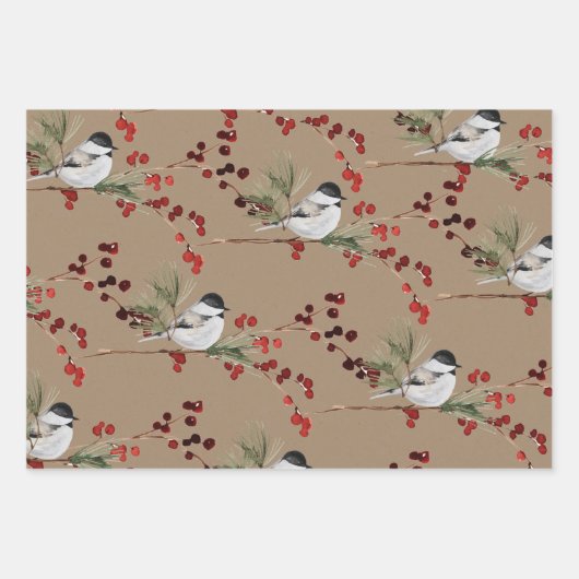 Rustic Kraft Black Pet Chickadee Birds & Berries Inpakpapier Vel (Voorkant)