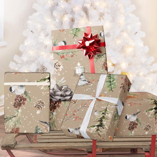 Rustic Kraft Black Pet Chickadee kerst Cadeaupapier