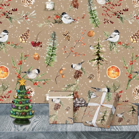 Rustic Kraft Black Pet Chickadee kerst Cadeaupapier