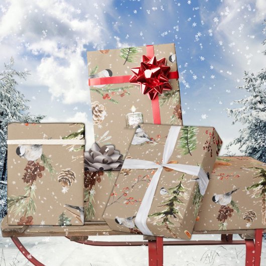 Rustic Kraft Black Pet Chickadee kerst Cadeaupapier