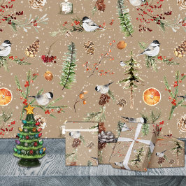 Rustic Kraft Black Pet Chickadee kerst Inpakpapier Vel