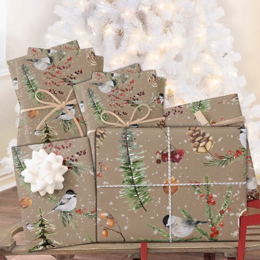 Rustic Kraft Black Pet Chickadee kerst Inpakpapier Vel