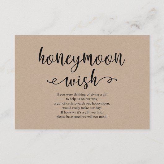 Rustic kraft black script, Wedding Honeymoon Wish Informatiekaartje (Voorkant)