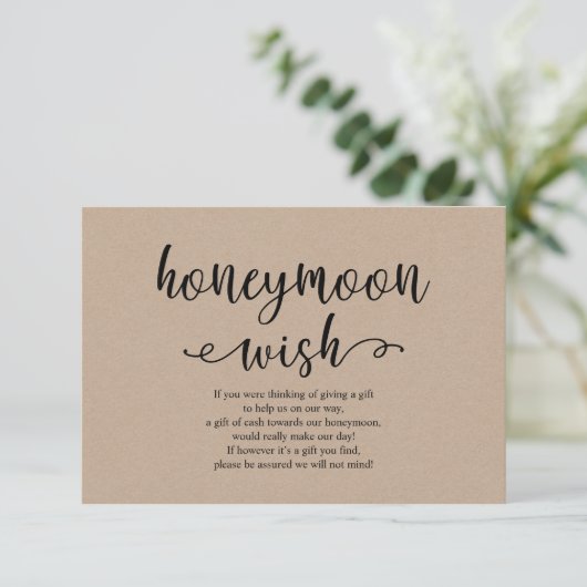 Rustic kraft black script, Wedding Honeymoon Wish Informatiekaartje (Staand voorkant)
