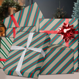 Rustic Kraft Blauwgroen Green Red Wide Stripe Holi Cadeaupapier