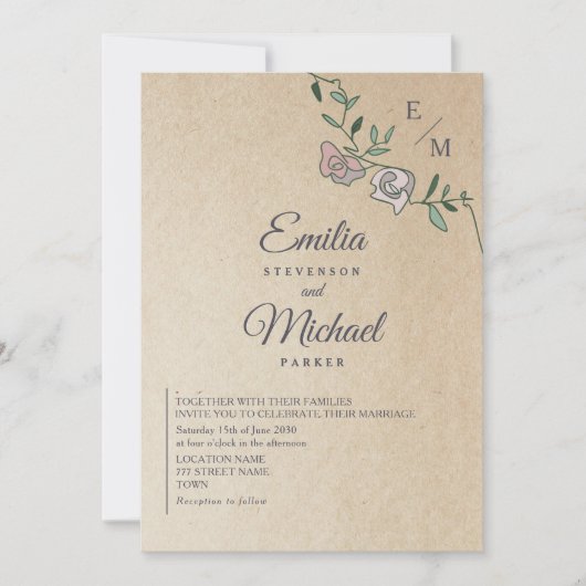 Rustic Kraft Bloemen Monogram Huwelijk Kaart (Voorkant)