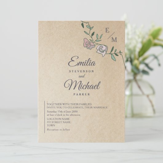 Rustic Kraft Bloemen Monogram Huwelijk Kaart (Staand voorkant)