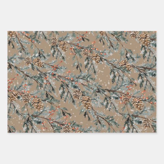 Rustic Kraft Blue Juniper Branch Cones Ilex Berry Inpakpapier Vel (Voorkant 2)