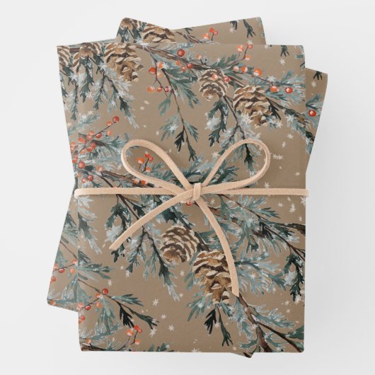 Rustic Kraft Blue Juniper Branch Cones Ilex Berry Inpakpapier Vel (In situ)