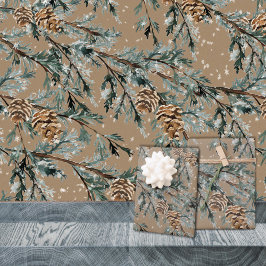 Rustic Kraft Blue Juniper Tree Branches en Cones Inpakpapier Vel