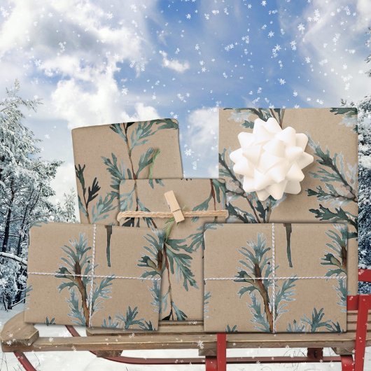 Rustic Kraft Blue Juniper Tree Branches Inpakpapier Vel