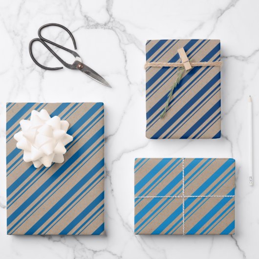 Rustic Kraft Blue Navy Capri Blauw Snoep Strepen Inpakpapier Vel (Voorkant)