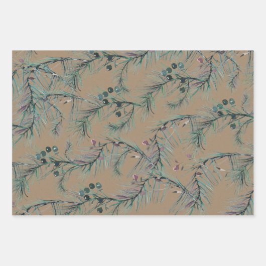 Rustic Kraft Blue Spruce Needles & Berries Inpakpapier Vel (Voorkant 2)