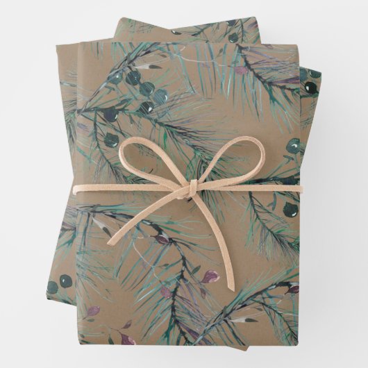 Rustic Kraft Blue Spruce Needles & Berries Inpakpapier Vel (In situ)