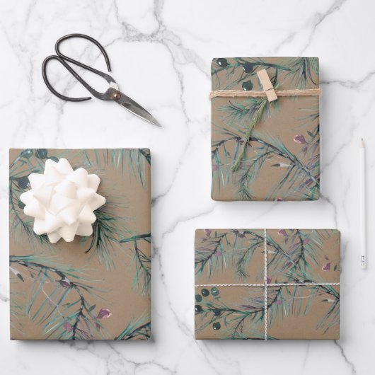 Rustic Kraft Blue Spruce Needles & Berries Inpakpapier Vel (Voorkant)