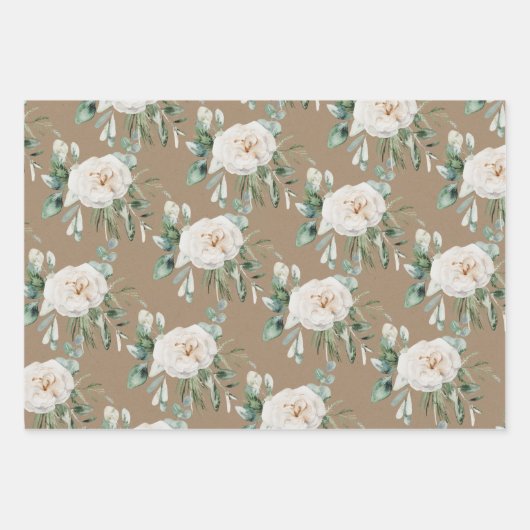 Rustic Kraft Blue Spruce White Floral Greenery Inpakpapier Vel (Voorkant 2)