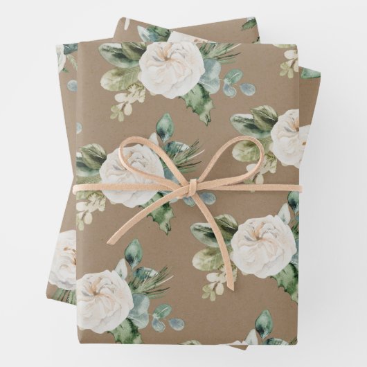 Rustic Kraft Blue Spruce White Floral Greenery Inpakpapier Vel (In situ)