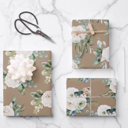 Rustic Kraft Blue Spruce White Floral Greenery Inpakpapier Vel (Voorkant)