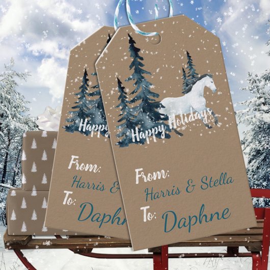 Rustic Kraft Blue Spruce Woodland White Horse Cadeaulabel