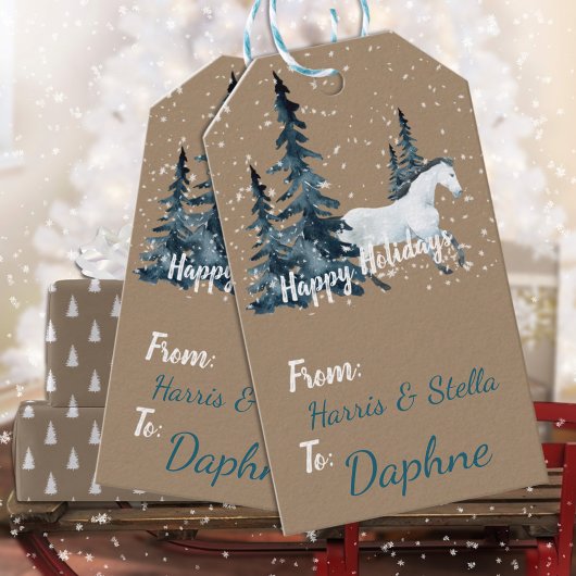 Rustic Kraft Blue Spruce Woodland White Horse Cadeaulabel