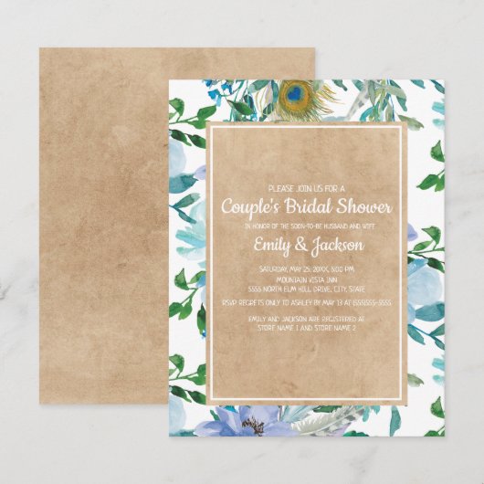 Rustic Kraft Blue White Floral Couple's Bridal Kaart (Voorkant / Achterkant)