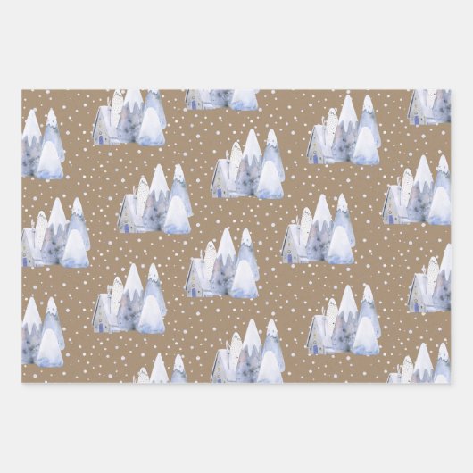 Rustic Kraft Blue White Snowy Ski Chalet Mountains Inpakpapier Vel (Voorkant)