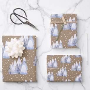 Rustic Kraft Blue White Snowy Ski Chalet Mountains Inpakpapier Vel
