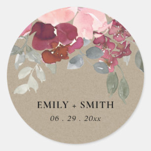 RUSTIC KRAFT BLUSH BURGUNDY ROOS FLORAL WEDING RONDE STICKER