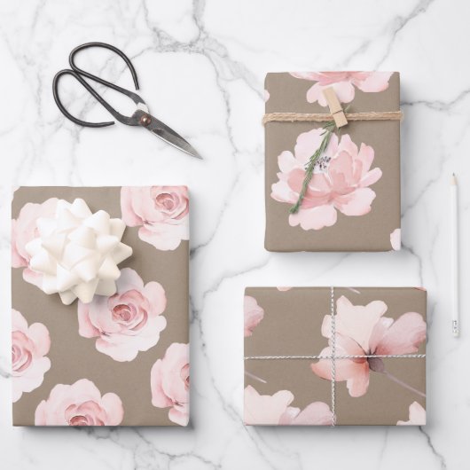 Rustic Kraft Blush Peach Peony Flowers Floral Inpakpapier Vel (Voorkant)