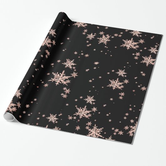 Rustic Kraft Blush Pink Gold Snowflakes Black Cadeaupapier (Uitgerold)