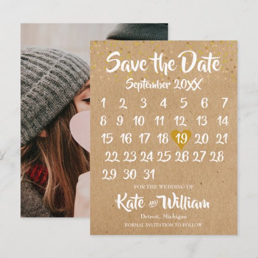 Rustic Kraft Boho Calendar Save the Date Photo Aankondigingskaart (Voorkant / Achterkant)