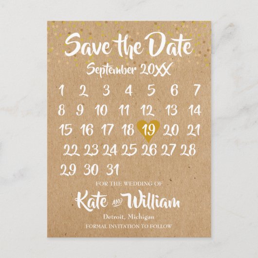 Rustic Kraft Boho Calendar Save the Date Photo Aankondigingskaart (Voorkant)