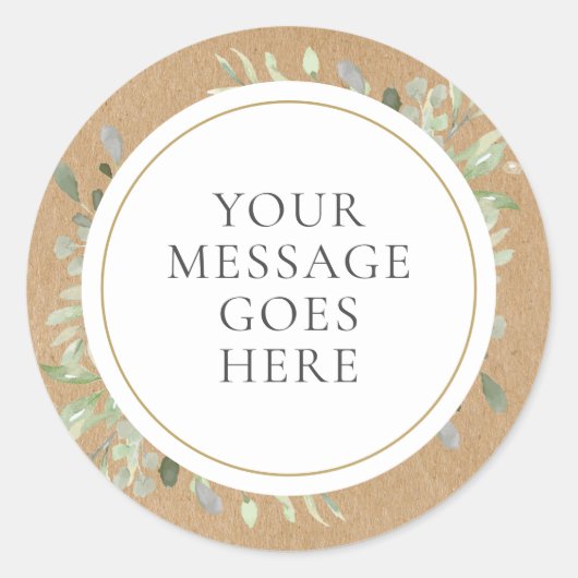 Rustic Kraft Boho Greenery Uw bericht Ronde Sticker (Voorkant)