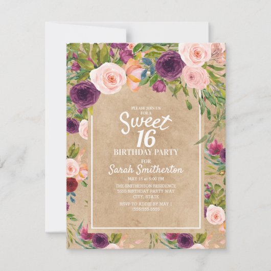 Rustic Kraft Boho Plum Blush Floral Sweet 16 Kaart (Voorkant)