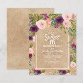 Rustic Kraft Boho Plum Blush Floral Sweet 16 Kaart (Voorkant / Achterkant)
