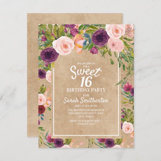 Rustic Kraft Boho Plum Blush Floral Sweet 16 Kaart (Voorkant / Achterkant)